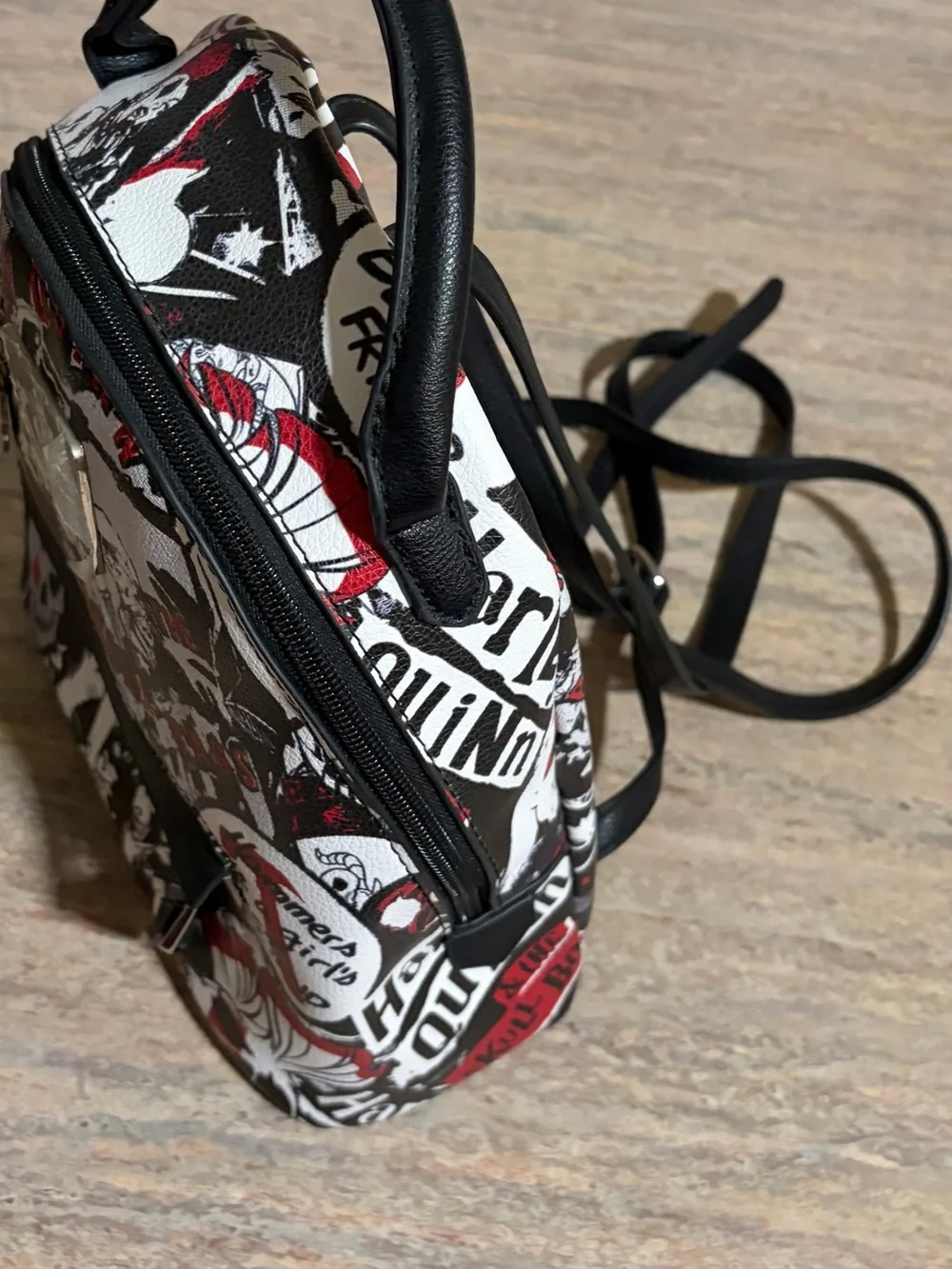 NWOT Harley Quinn Skull Print Mini Backpack Purse in Black White Red